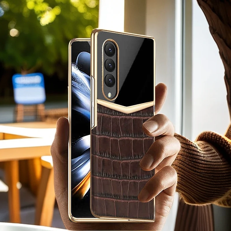 三星fold5/w24电镀拼接牛皮手机壳高端防摔适用fold4/w23皮套商务