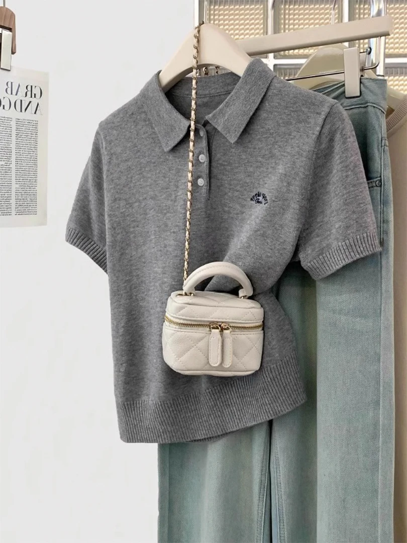 灰色正肩针织短袖t恤女夏夏季2025新款polo衫显瘦欧货短款上衣