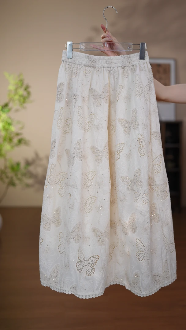 GONG QUE 新中式蝴蝶珠片绣蕾丝松紧腰镂空百搭休闲半身裙 3024