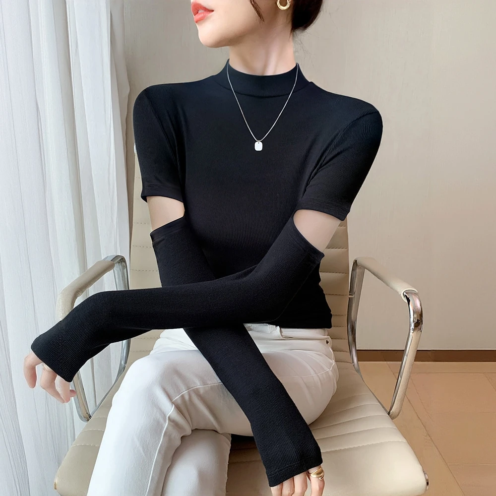 黑色螺纹半高领打底衫女秋冬洋气内搭镂空修身长袖螺纹设计感上衣