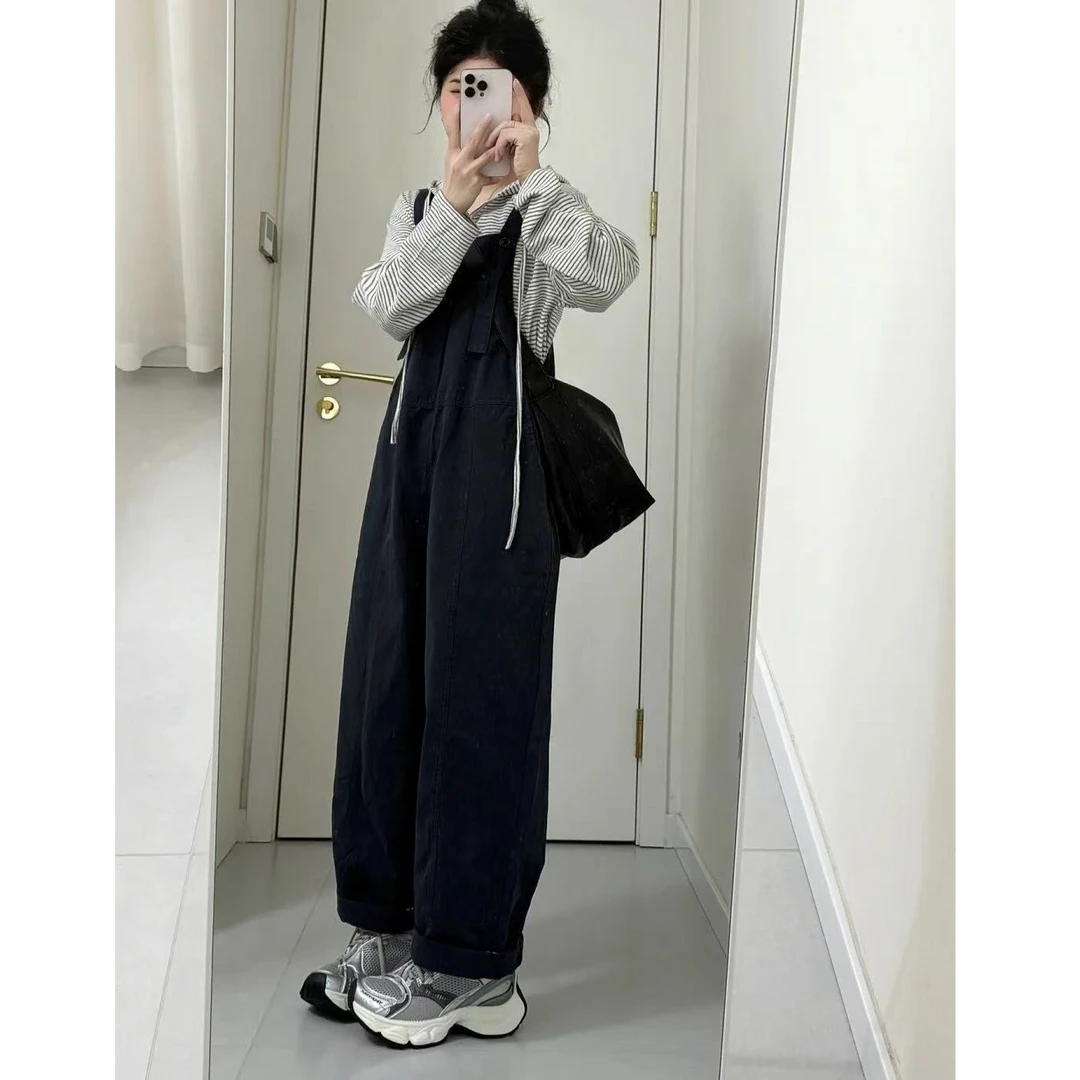 背带裤女春夏季小个子宽松显瘦减龄学院风小众连体萝卜哈伦裤套装