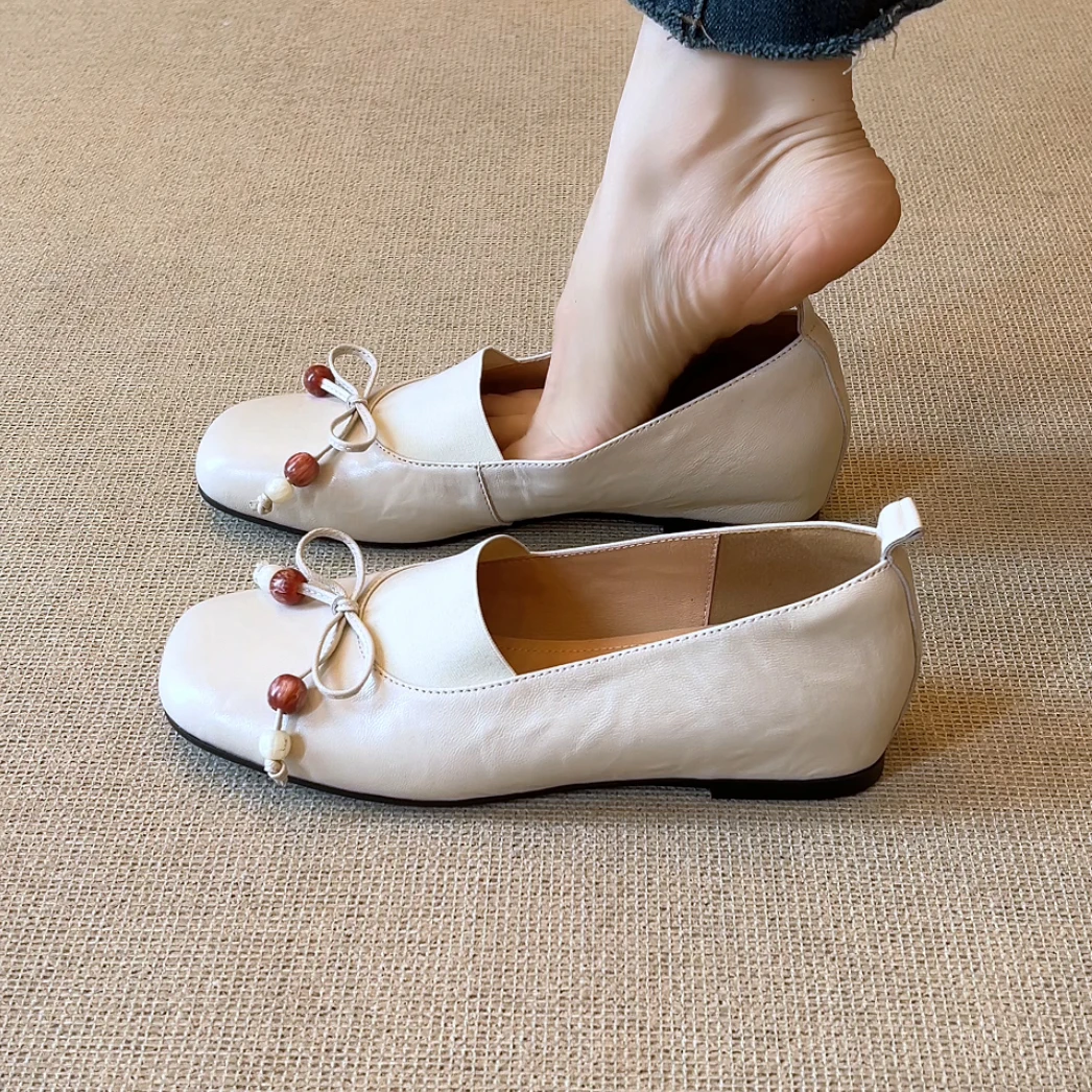 RubyL/3cm简约通勤串珠蝴蝶结松紧口方头一脚蹬内增高单鞋女款