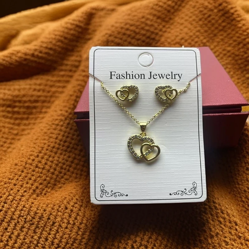 合金锆石吊坠 【A902】心心相印项链小众高级感镶钻心形吊坠耳钉