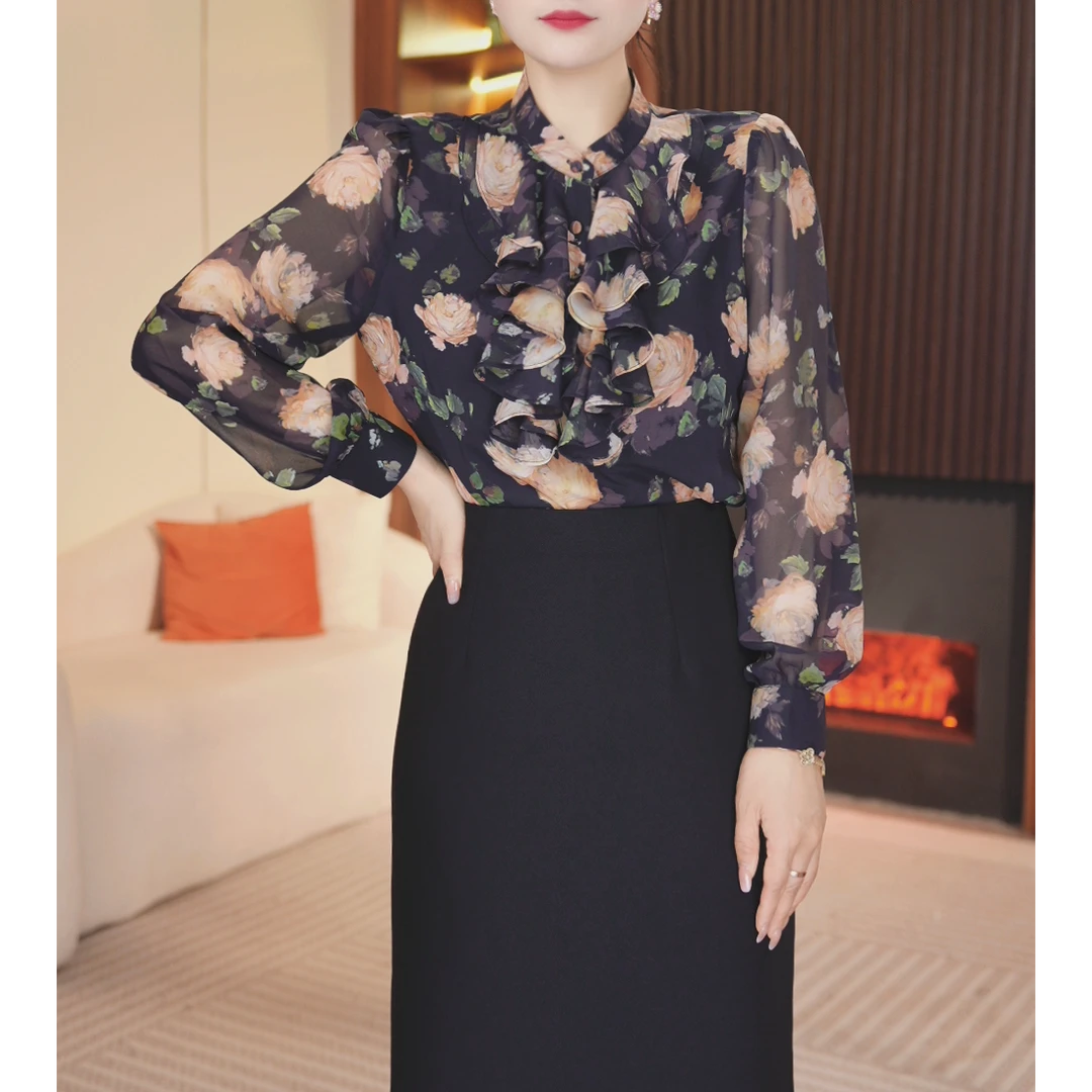 春季新款牡丹花长袖洋气碎花宽松减龄女士经典衫衣0302-2