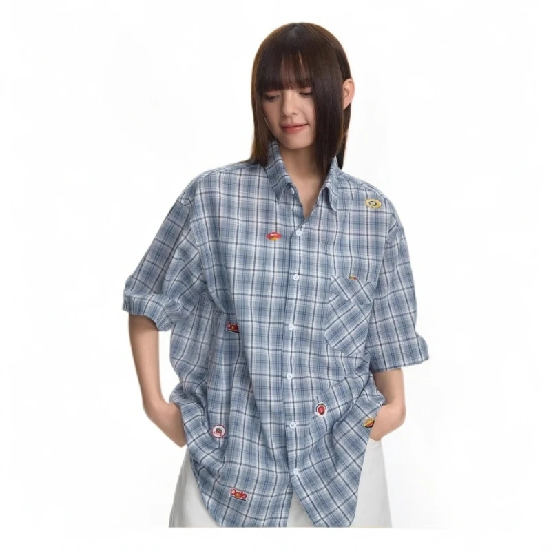 学院风日系复古夏季短袖休闲男蓝色水果贴纸格子宽松情侣衬衫上衣