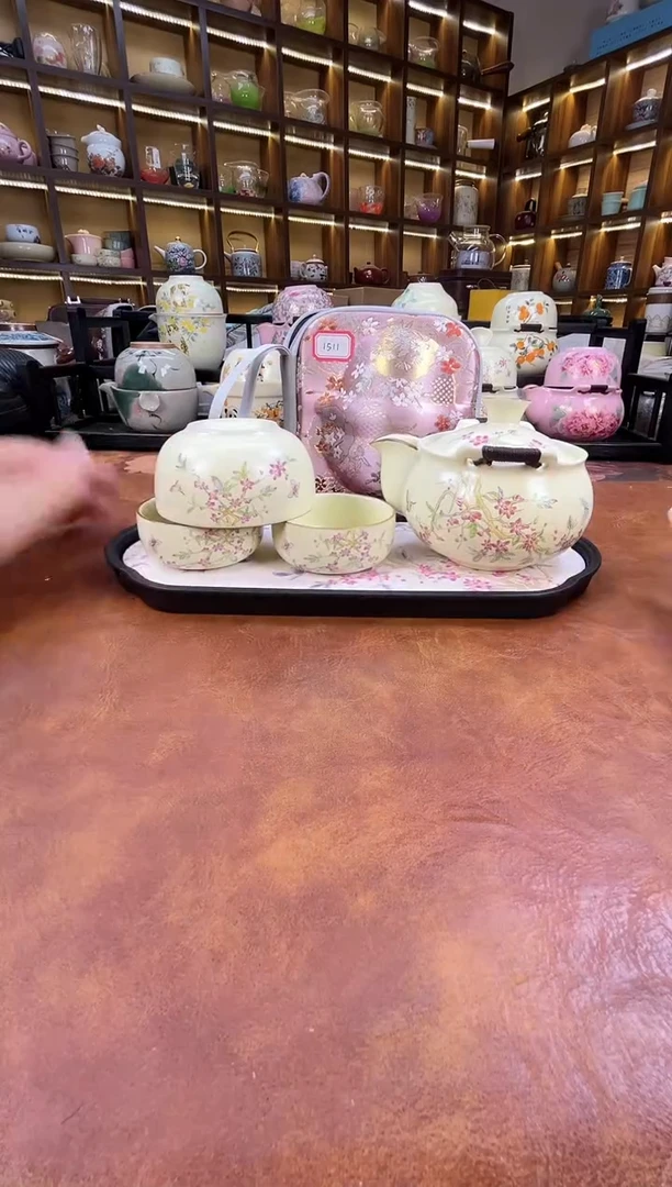 瓷片桃花1壶3杯宝瓶旅行+长方桃花盘