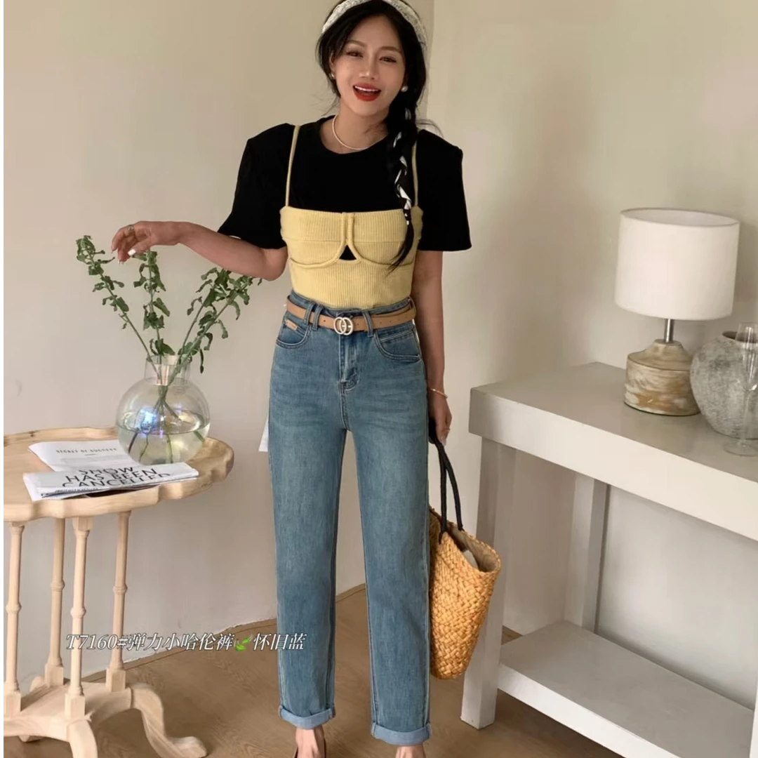 483S7160春季新款显瘦直筒时尚牛仔裤哈伦裤女