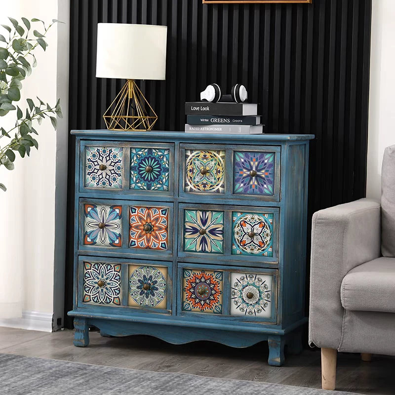 多功能实木斗柜大容量抽屉储物柜客厅玄关柜靠墙边柜中古风收纳柜