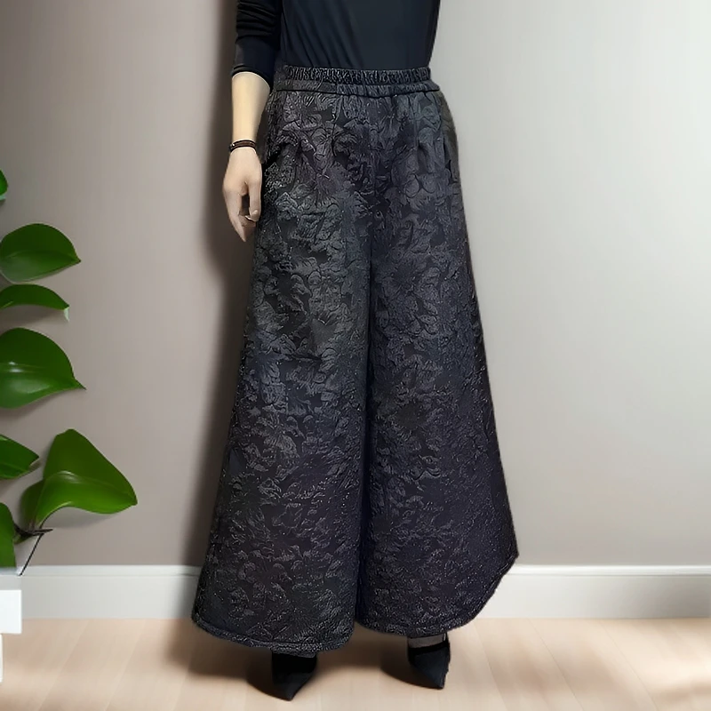 【梵韵】688/新款浮雕花黑色弹力松紧腰百搭直筒显瘦阔腿裤