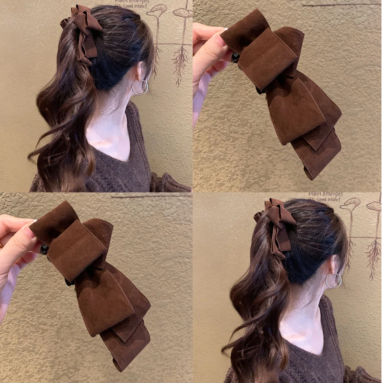 美拉德麂皮绒面朱古力色蝴蝶结香蕉夹女2025新款竖夹扭扭夹子发夹