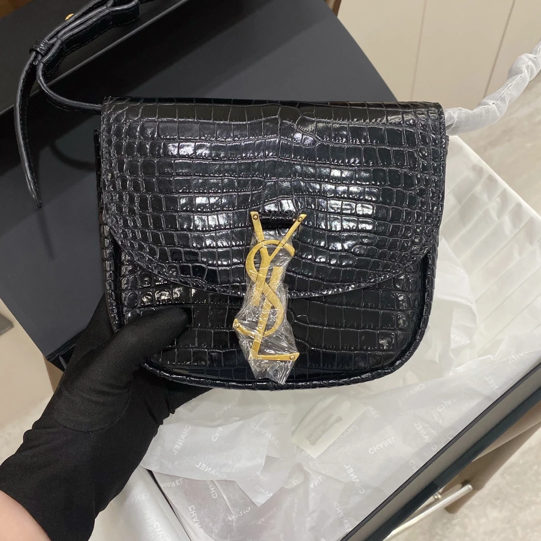99新 YSL/圣罗兰 kaia黑金鳄鱼纹马鞍包小号