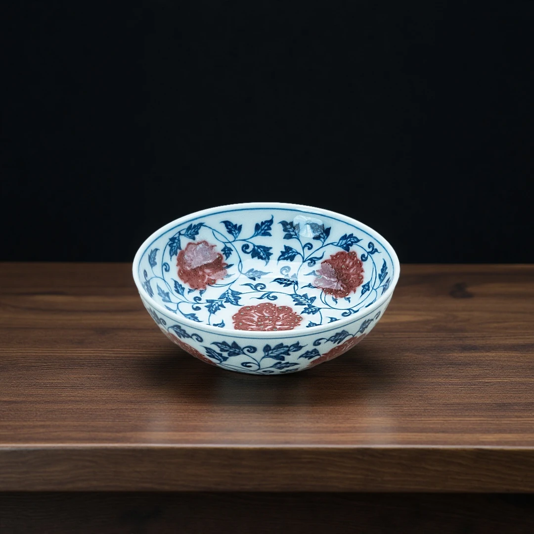 景德镇纯手绘高端茶器-缠枝莲釉里红牡丹杯