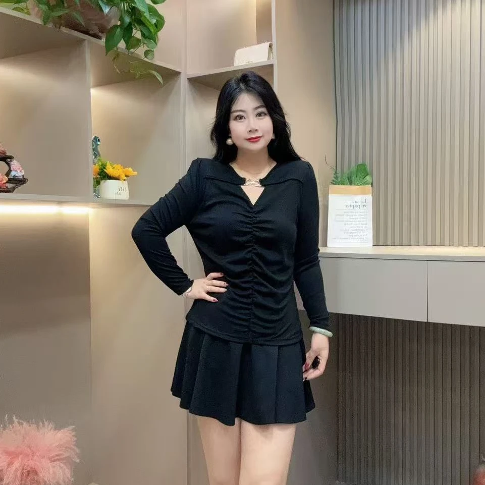 秋季打底衫-酷 3567秋季大码时尚修身显瘦洋气镂空V领纯欲打底衫