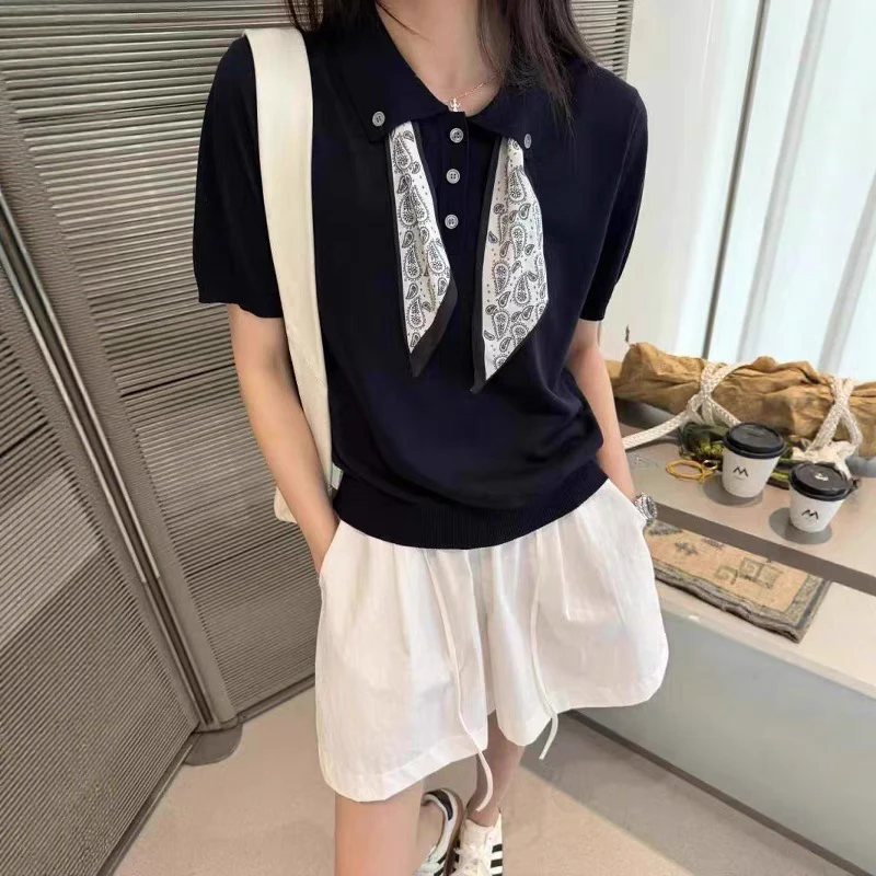 书玥家 丝巾polo女夏季短袖常规款静奢风毛针织衫拼接复恩风森系