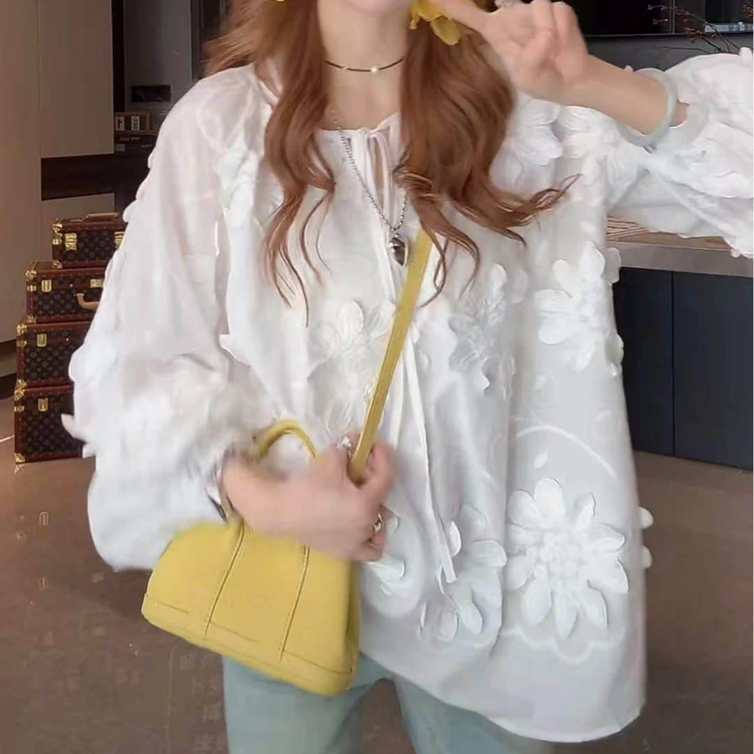 超好看法式刺绣蕾丝白色泡泡袖衬衫女春夏小众设计感气质显瘦上衣