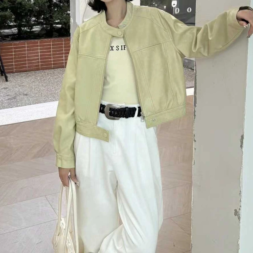8801复古立领皮衣外套2025新款女春高级感韩系工装短款夹克上衣