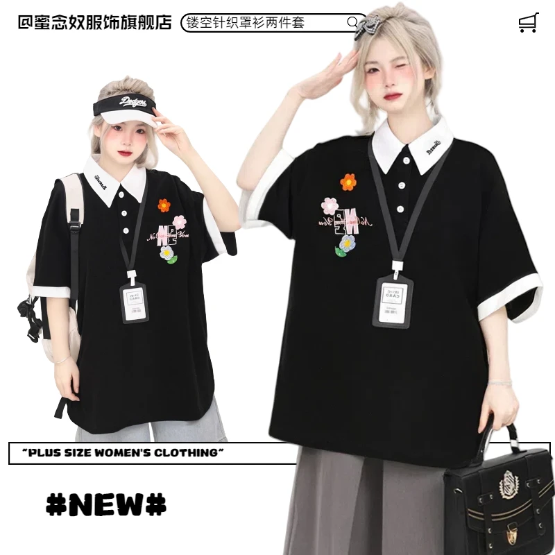 300斤特大码女装韩系立体小花刺绣POLO衫上衣夏季宽松百搭减龄T恤