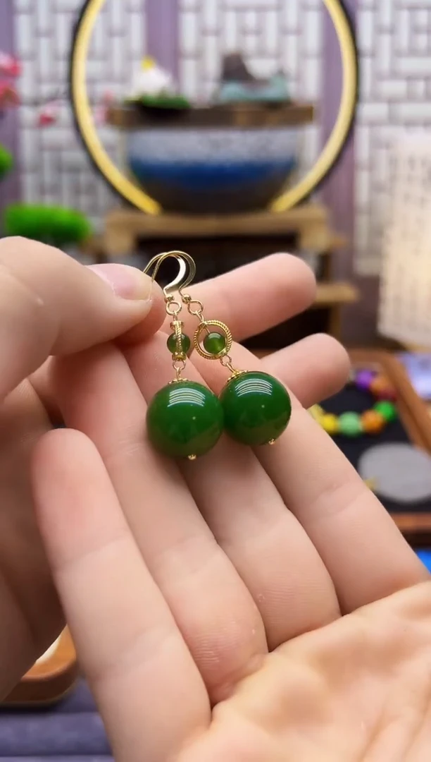 和田玉14K金镶嵌耳饰E434