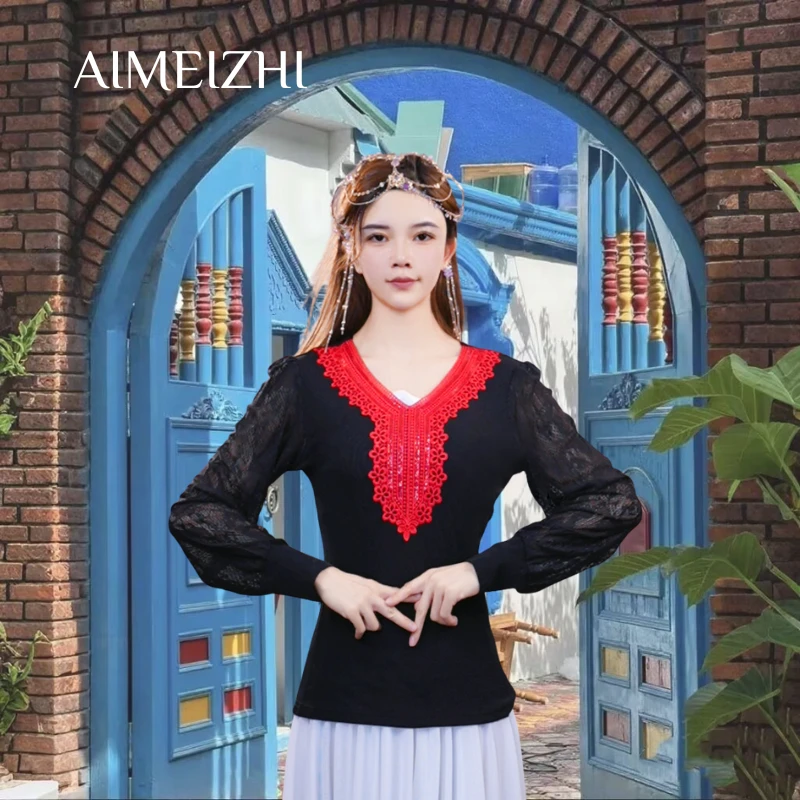 新款蕾丝长袖打底衫时尚减龄民族舞台风女装新疆舞