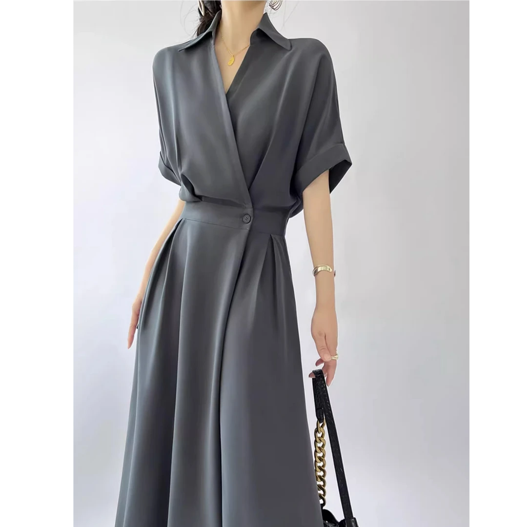 胖mm冰感抗皱衬衫连衣裙女2025夏季大码收腰显瘦气质高级感长裙子