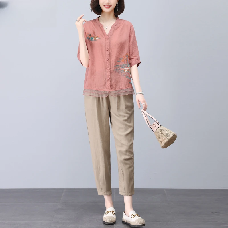 棉麻套装女夏季2025新款年轻妈妈休闲宽松洋气减龄苎麻衬衫两件套