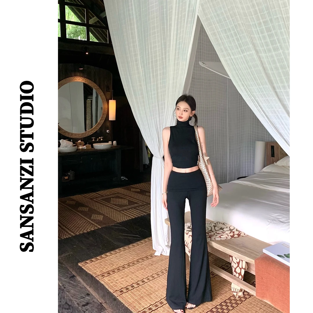 SANSANZI气质辣妹高领无袖背心女夏季高腰显瘦微喇裤休闲裤两件套