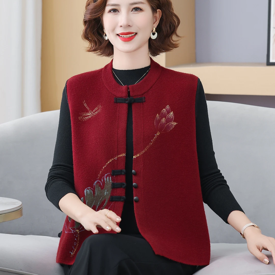 2025春秋季新款中式马甲中老年人无袖针织坎肩国风奶奶装上衣洋气