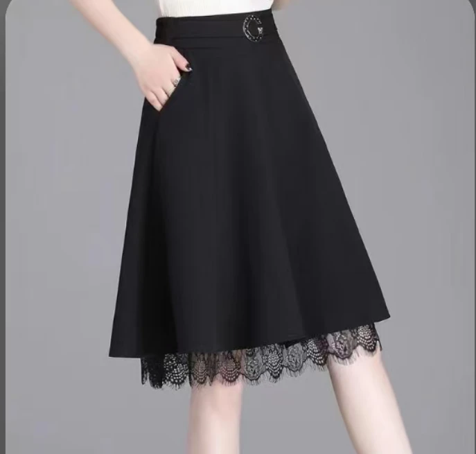 【丽娜专属】2272【裙长64】时尚洋气纱纱裙高腰半身裙蕾丝拼接A字裙