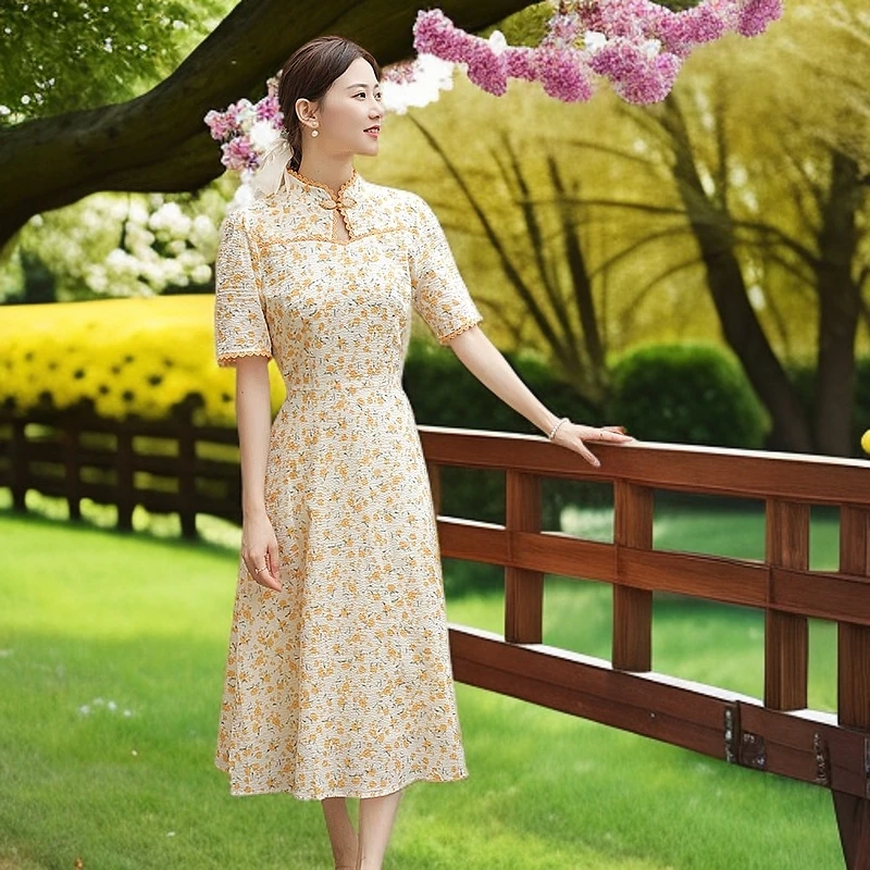 黄色纯棉改良旗袍碎花连衣裙女2025夏季新款复古新中式裙子