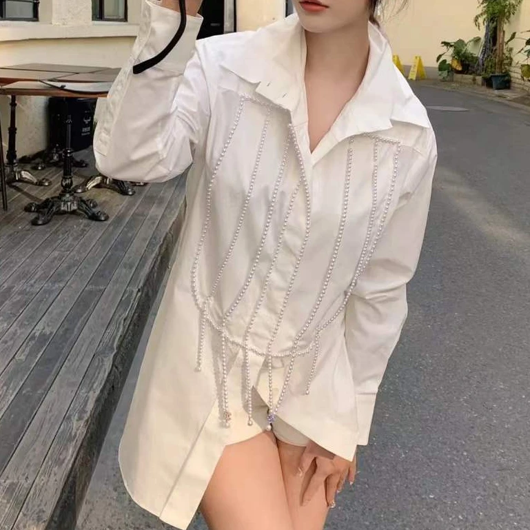 99新 Chanel/香奈儿 36码21S白色珍珠流苏长袖衬衫