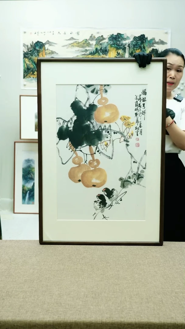 国画62*92李法良手绘花鸟带框