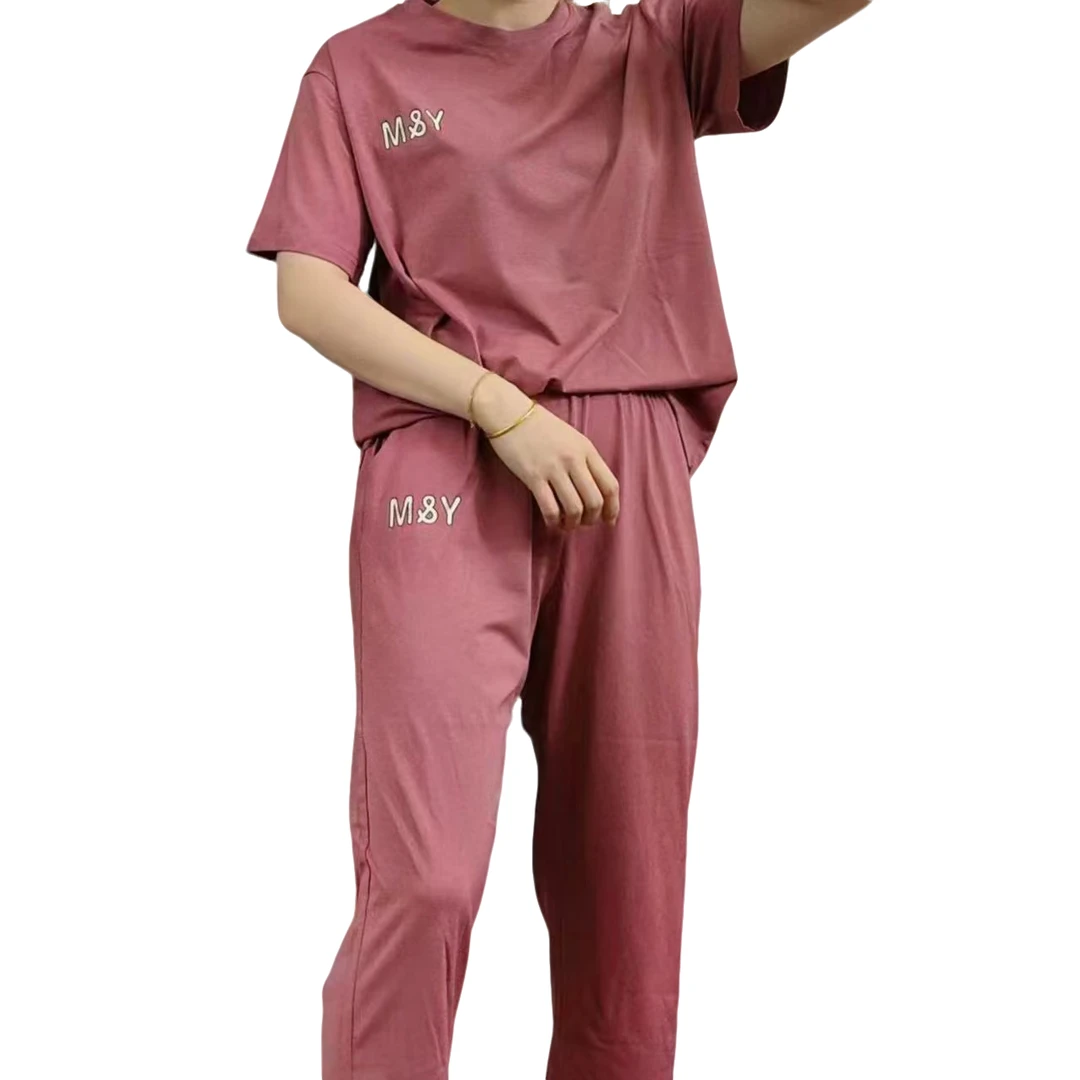 女夏季圆领短袖七分家居套装红色大码运动装妈妈时尚衣洋气两件套