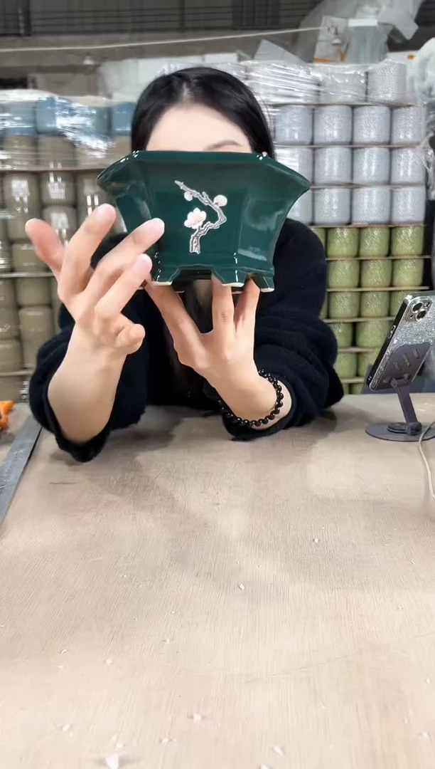 【闪购商品】陶瓷六角墨绿勾花小号17x9