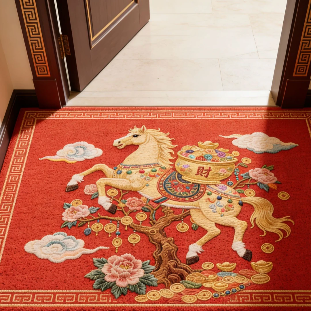 金马红色马年喜庆入户门垫家用蹭土丝圈地垫脚垫防滑玄关进门垫子