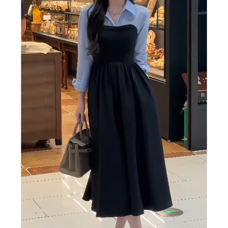 假两件衬衫连衣裙初秋新款女高级感气质赫本风法式收腰显瘦风长裙