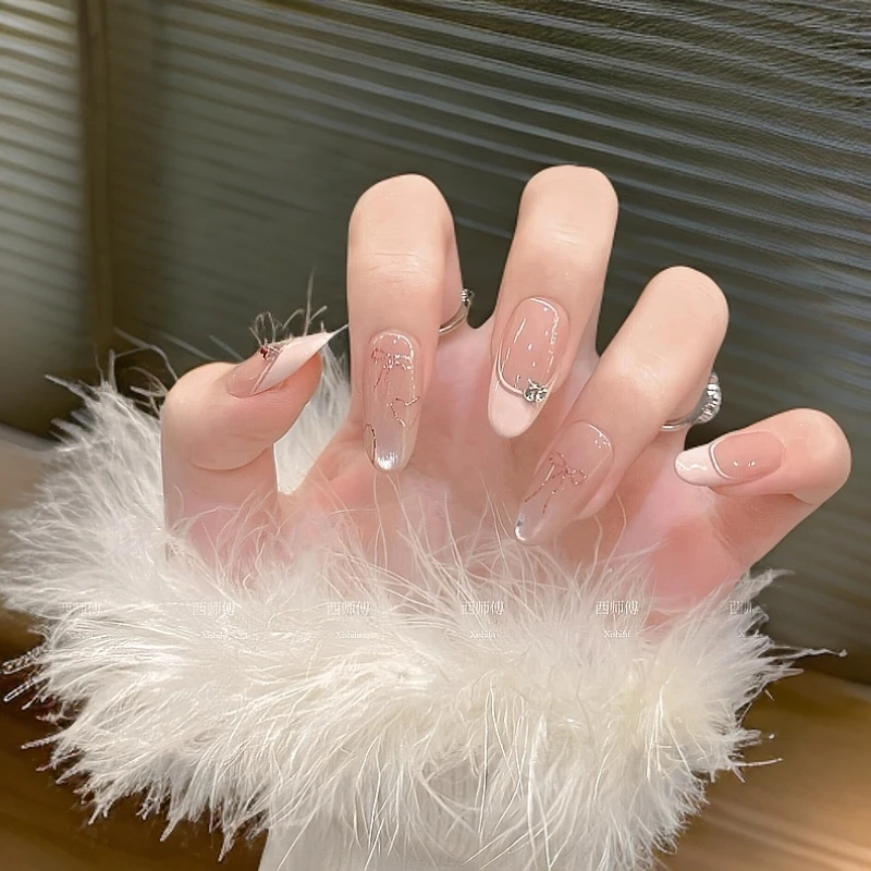 纯手工新款法式高级穿戴甲简约腮红立体中长款美甲可拆卸指甲贴片