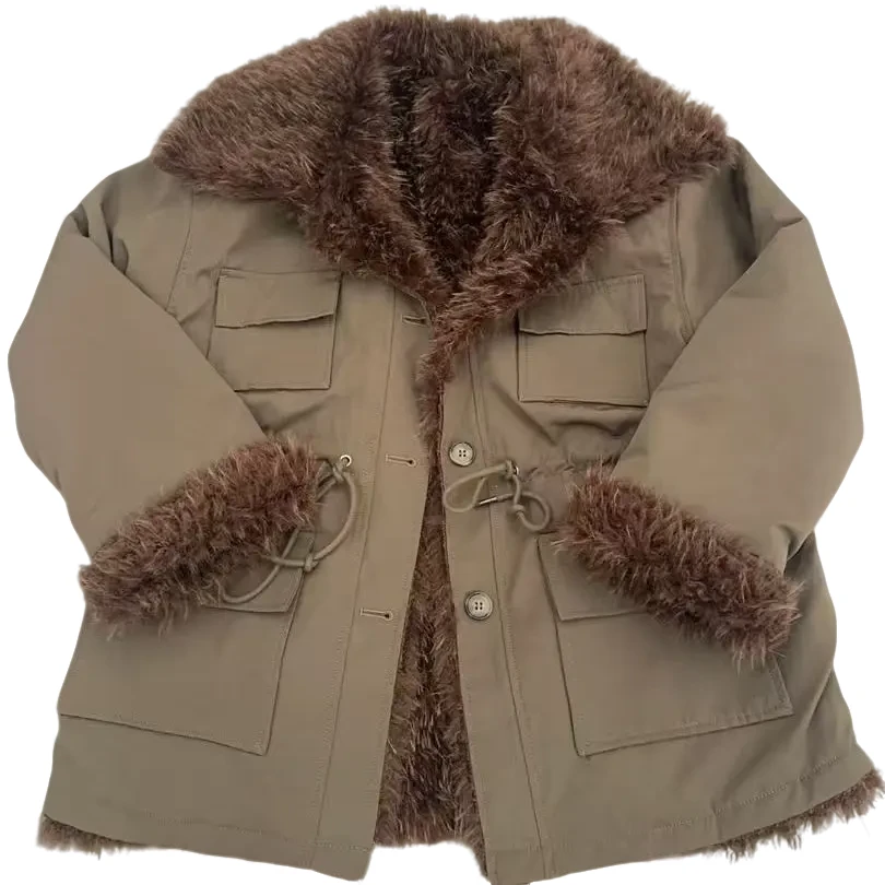 女冬季厚款保暖翻领常规款短外套加厚咖色百搭韩版