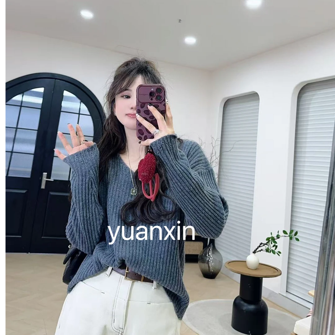 YX六 MY2012171新款V领坑条羊毛衫百搭时尚韩版