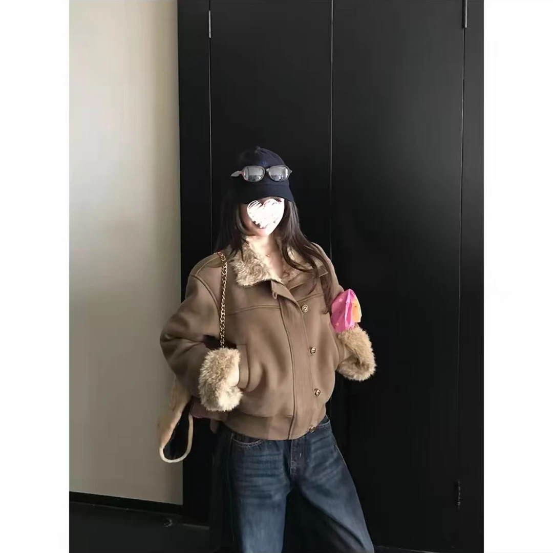 秋冬高级感复古修身皮毛一体环保毛毛夹克外套女上衣