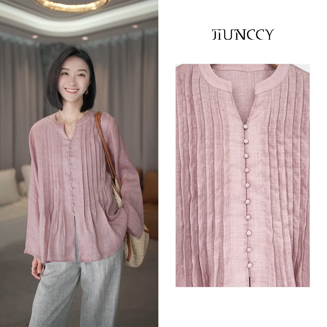 JIUNCCY【桃夭】定制苎麻天丝手工打褶灵动下摆开衫衬衣 52YCY003