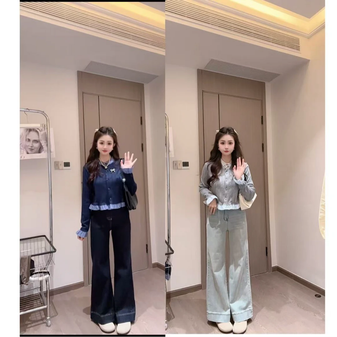 K22692-显瘦A字弹力阔腿牛仔喇叭裤