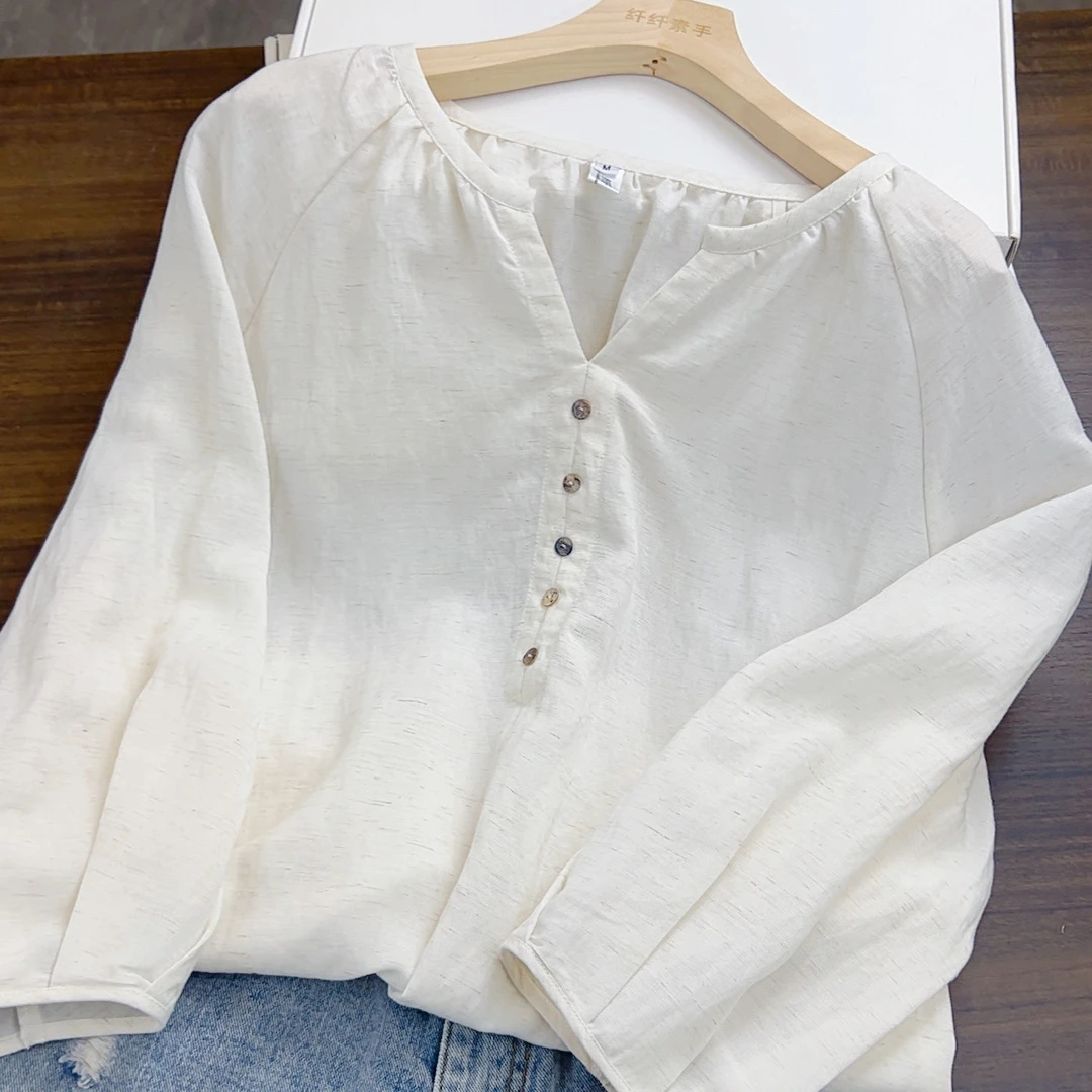 莹-CS1265衬衣宽松型衬衫薄款上衣秋季纯色圆领长袖灯笼袖