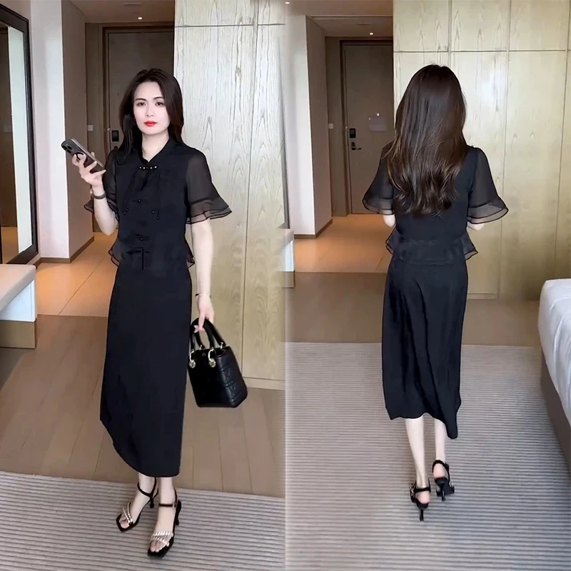 中长裙中国风轻熟风A字裙夏季休闲连衣裙黑色显瘦开叉韩版