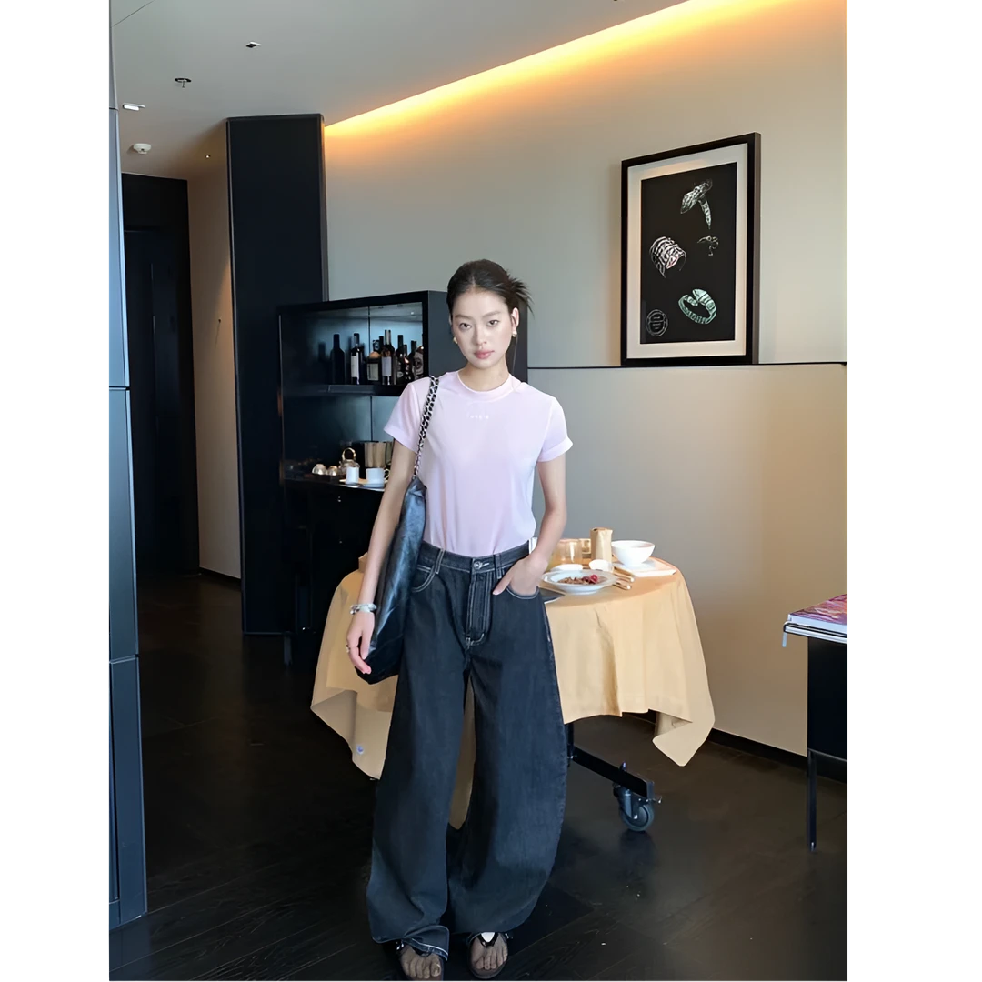 弯刀牛仔裤女裤秋深蓝阔腿裤香蕉裤萝卜裤休闲高腰阔腿宽松长裤