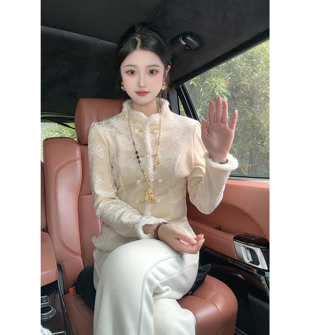【小白狐】2025秋冬新中式国风加绒加厚提花修身弹力打底衫上衣930