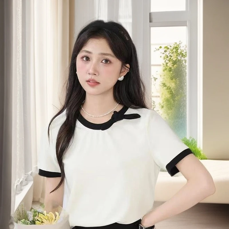 2025新款韩式温柔圆领蝴蝶结系带短款针织上衣女