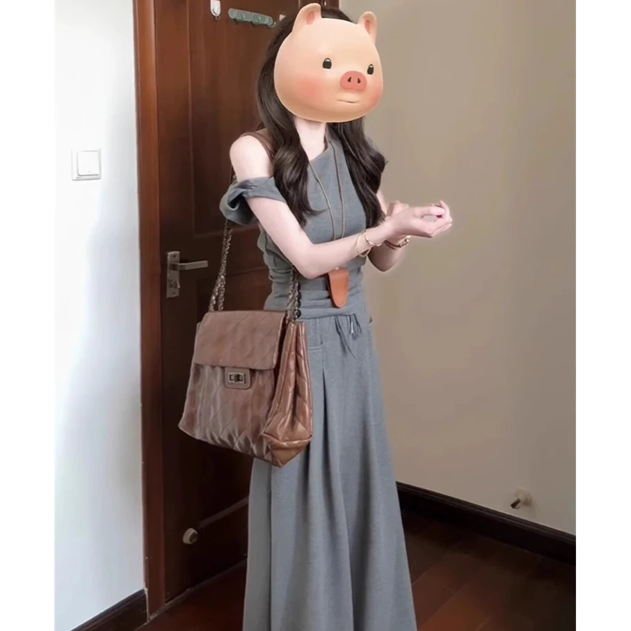 高级感休闲运动套装女夏季斜肩短袖显瘦时尚宽松韩版阔腿裤两件套