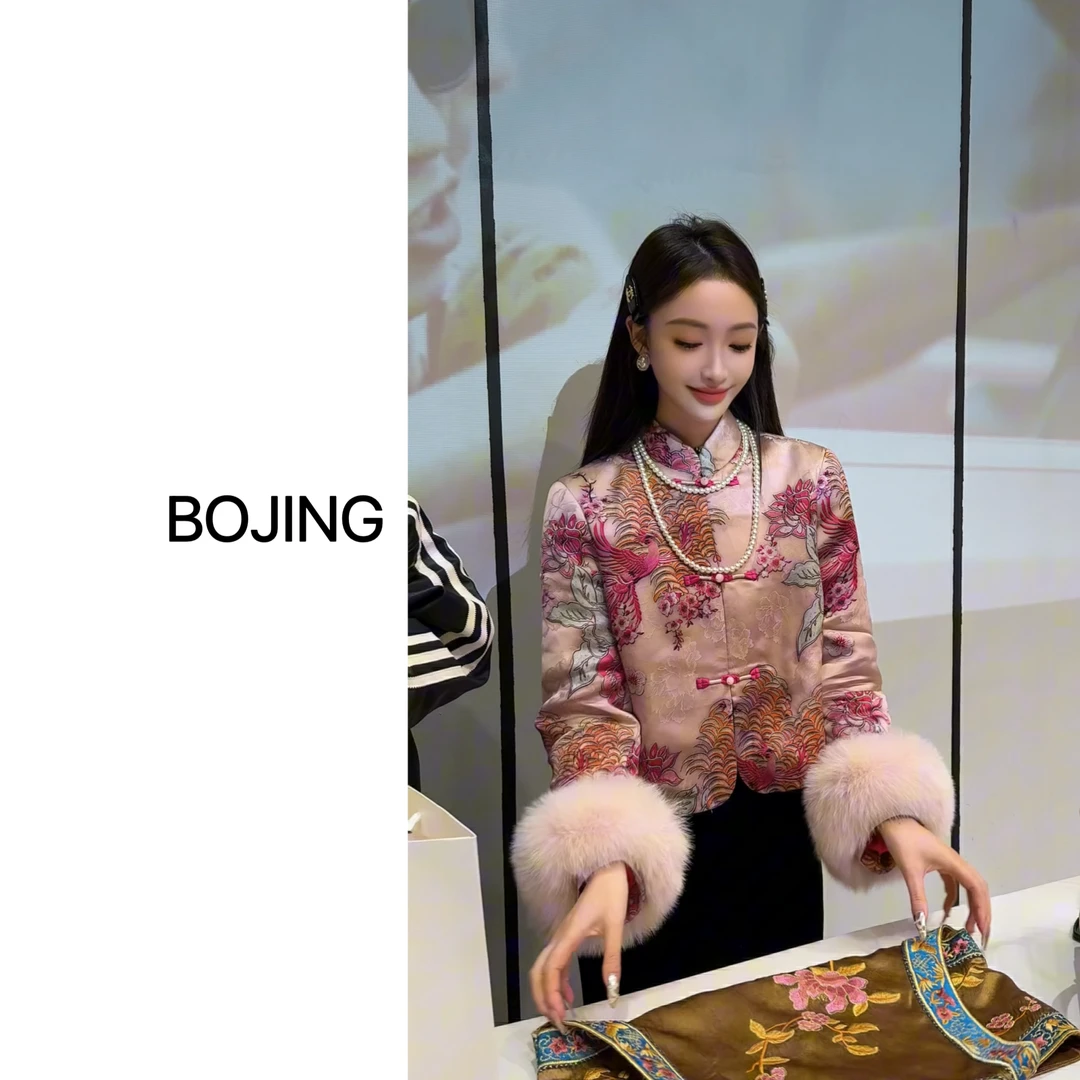 现货【百鸟朝凤】新中式人丝香云纱狐狸毛冬季保暖外套