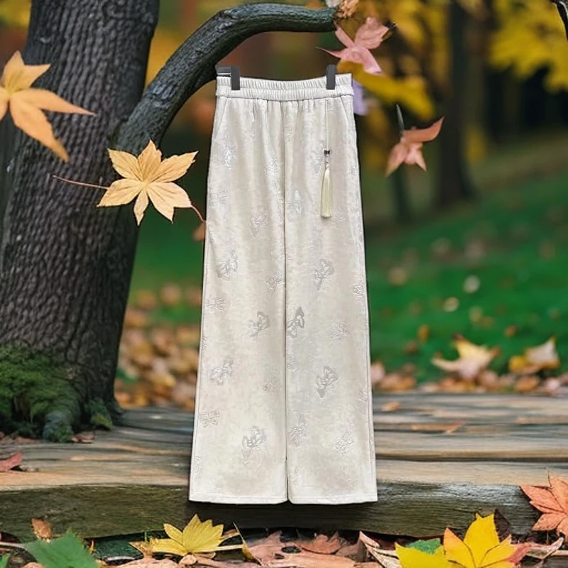 2024002083新品加绒加厚新中式丝绒提花阔腿裤女垂感直筒休闲裤
