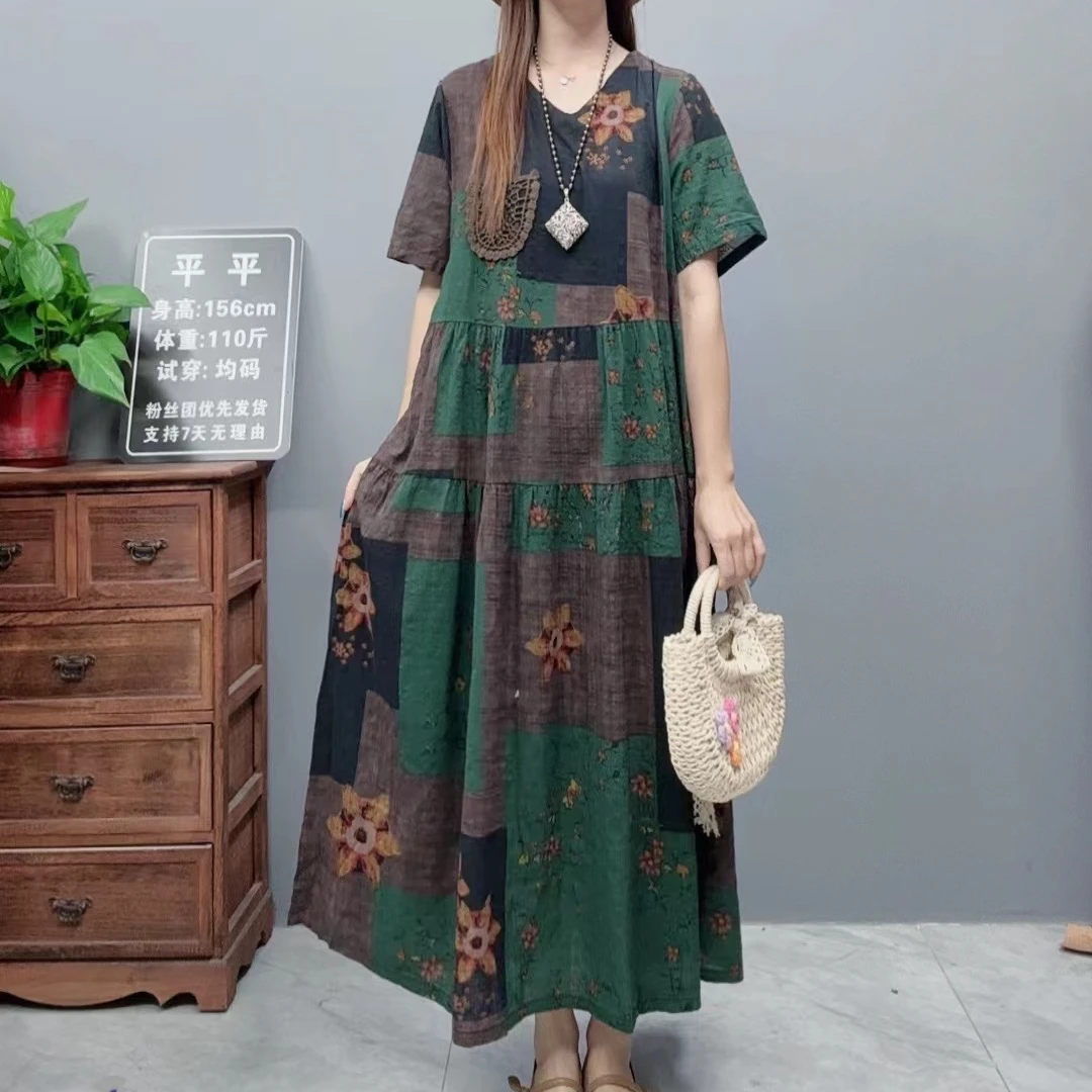 3373新款夏季长款时尚气质显瘦宽松休闲遮肉洋气女装连衣裙妈妈装